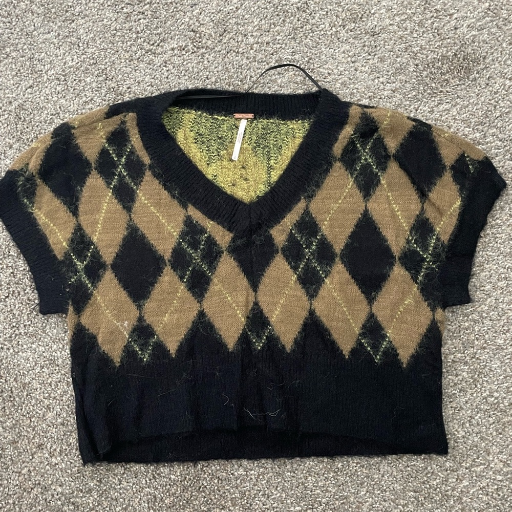Free People Black and Tan Argyle V-Neck Sweater